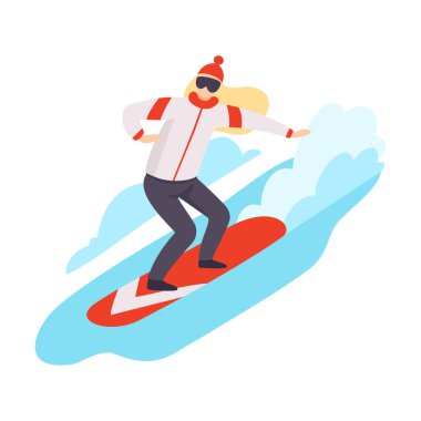 Beyaz arka planda izole snowboard kadın Düz vektör illüstrasyon.