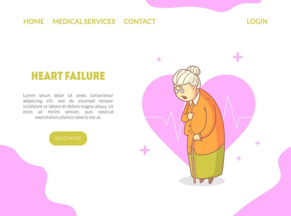 Kalp Yetmezliği Açılış Sayfası, Yaşlı Kadın Baston, Web sitesi veya Mobil Uygulama Şablon vektör İllüstrasyon ile Yürüyüş Heartache muzdarip — Stok Vektör