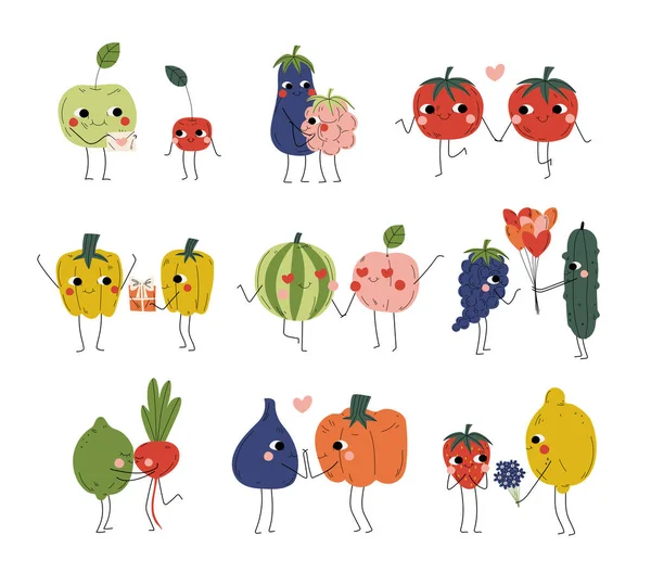 Insamling av söta glada grönsaker, frukter och bär tecken håller händer, kramar och ge gåvor, bästa vänner, lyckliga par i kärlek vektor illustration — Stock vektor