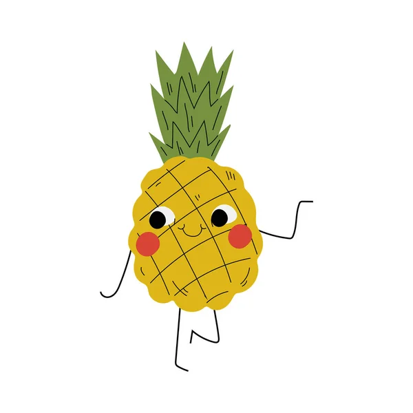 Schattig glimlachend ananas, vrolijk fruit karakter met grappige gezicht vector illustratie — Stockvector