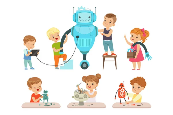 Schattig weinig kinderen programmeren en maken van slimme robots set, educatief project concept voor kinderen vector illustraties op een witte achtergrond — Stockvector