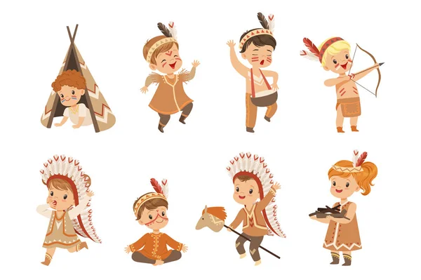Niños con trajes y tocados indios nativos divirtiéndose, niños jugando en el vector Indios Americanos Ilustraciones sobre un fondo blanco — Vector de stock
