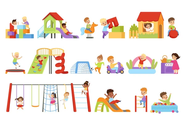 Kids having fun at playground set, boys and girls playing with toys, sliding down slide, climbing ladder vector Illustrations on a white background — Stock Vector