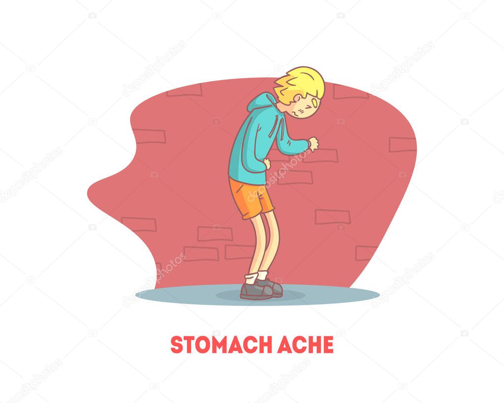 Stomach Ache Banner Template, Boy Suffering from Abdominal Pain Vector Illustration
