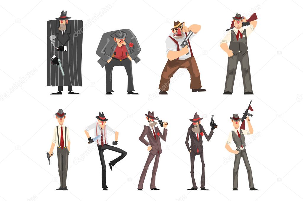 Gangster set, criminal characters in fedora hat with gun vector Illustrations isolated on a white background.