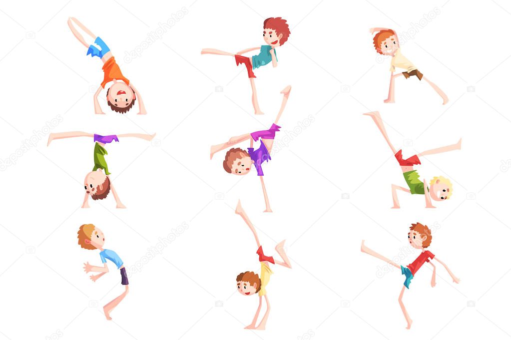 Boy practicing capoeira movements set, kid characters doing combat elements of martial art vector Illustrations on a white background