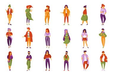 Şık şık insanlar kümesi, erkek ve kadın moda modern giysiler vektör çizim beyaz zemin üzerine giymiş