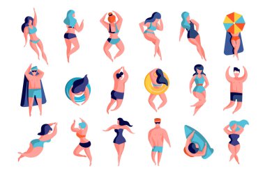 Yalan ve küme güneşlenme insanlar, genç erkekler ve kadınlar plaj rahatlatıcı illüstrasyonlar beyaz bir arka plan üzerinde vektör