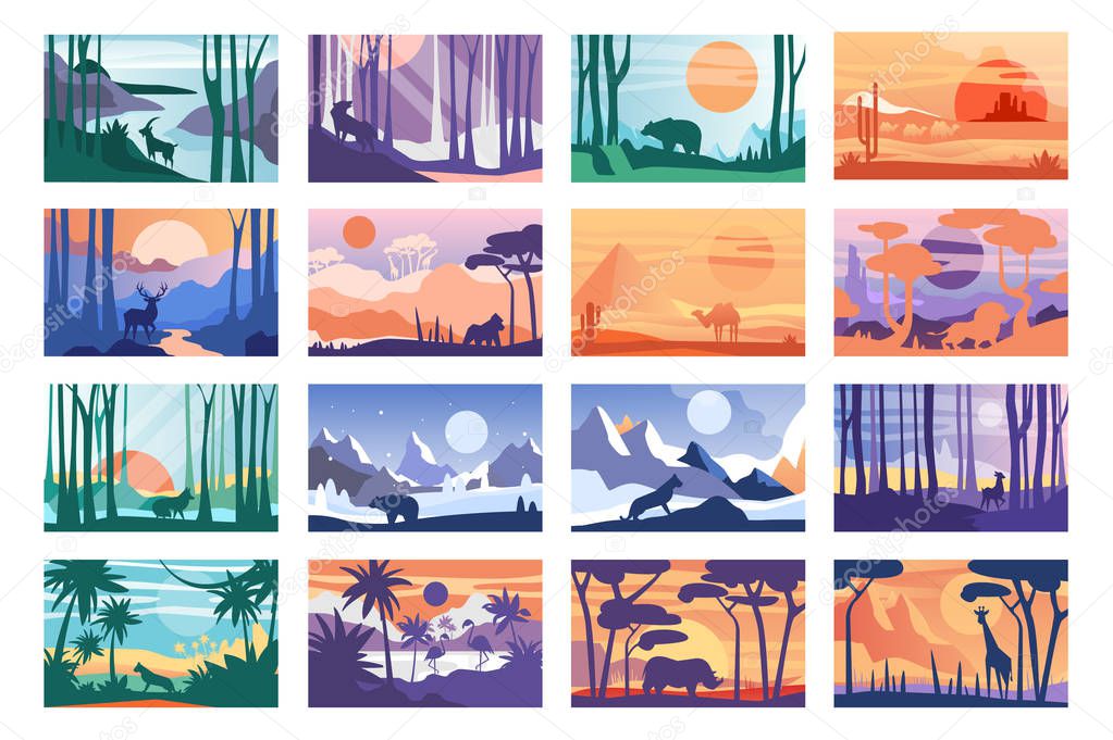 Collection of beautiful scene of nature, peaceful landscape with wild animals in different time of day, templates for banner, poster, magazine, cover horizontal vector Illustration