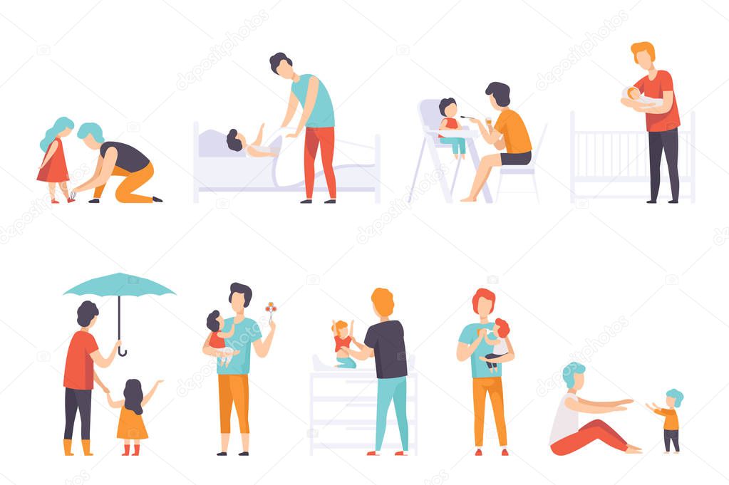 Fathers taking care of their children set, daddies feeding, dressing, walking, protecting kids vector Illustration on a white background