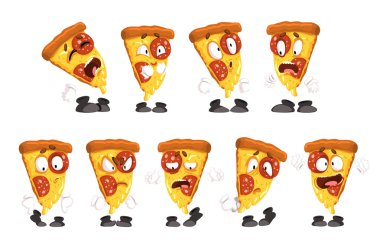 Şirin komik dilim pizza farklı duygular ile ayarla, karikatür lokanta karakter vektör çizimler beyaz bir arka plan insanlaşmış