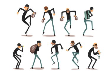 Maske set erkek hırsız, hırsız çizgi film karakterleri suçları işlemekle illüstrasyonlar beyaz bir arka plan üzerinde vektör