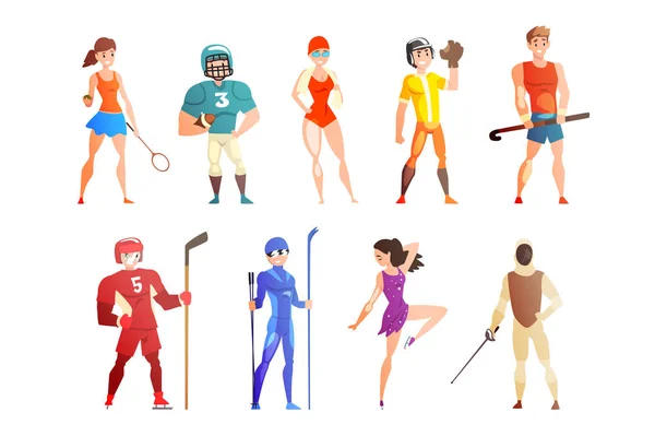 Atletische mensen doen verschillende soorten sport, vector professionele sporters tekens in uniform met apparatuur, illustraties op een witte achtergrond — Stockvector