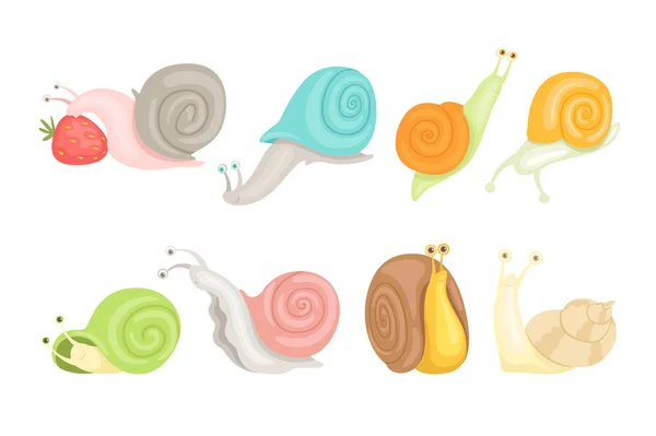 Cheerful little garden snails set, cute clams with colorful shells vector Illustrations on a white background — Stock Vector