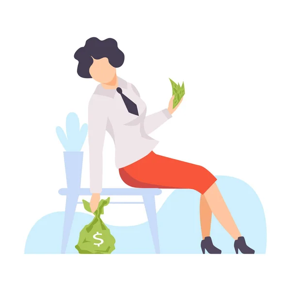 Vrouwen verbergen een zak geld onder een stoel. Vector illustratie. — Stockvector