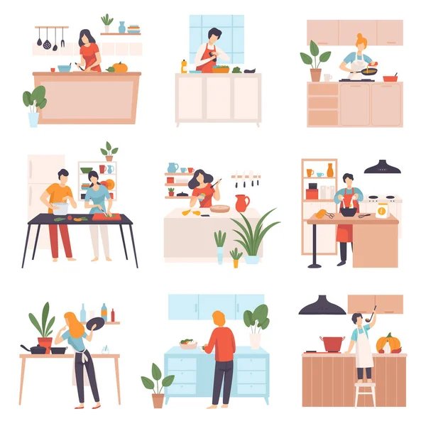stock vector Set of images of people in the kitchen. Vector illustration.