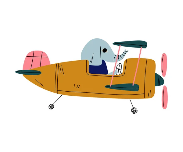 空のレトロ飛行機に飛ぶ象のパイロット、かわいい動物キャラクターパイロット飛行機ベクトルイラスト — ストックベクタ