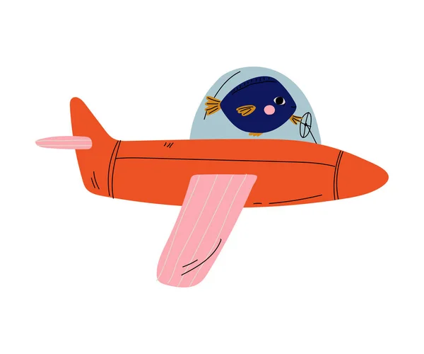 鱼飞行员在天空的复古平面飞行，可爱的动物角色飞行员飞机矢量插图 — 图库矢量图片