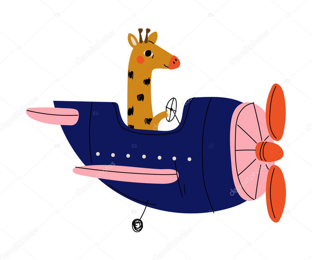 Giraffe Pilot Flying on Retro Plane in the Sky, Cute Animal Character Piloting Airplane Vector Illustration