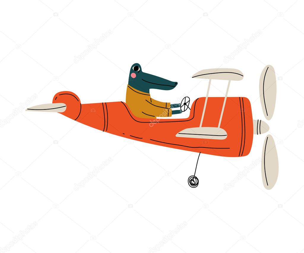 Crocodile Pilot Flying on Retro Plane in the Sky, Cute Amphibian Animal Character Piloting Airplane Vector Illustration