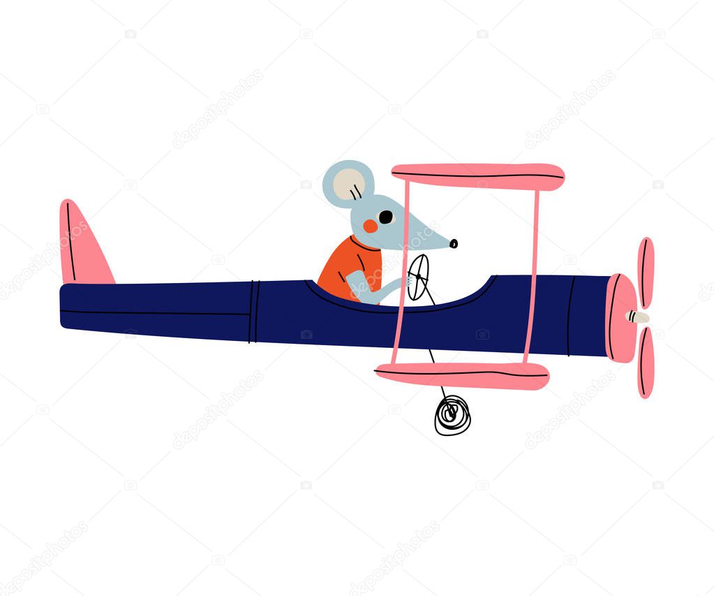 Mouse Pilot Flying on Retro Plane in the Sky, Cute Animal Character Piloting Airplane Vector Illustration