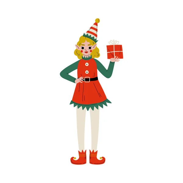 Рождественский персонаж с подарочной коробкой, симпатичная девочка Санта-Клаус с помощником — стоковый вектор