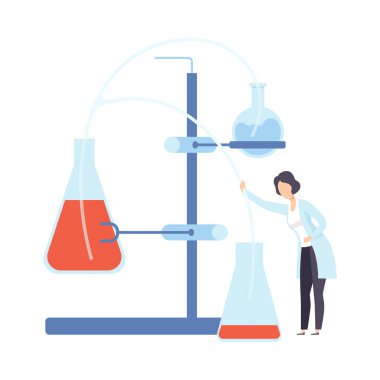 Kadın bilim adamı hortumu şişeye yönlendiriyor. Vektör çizimi.