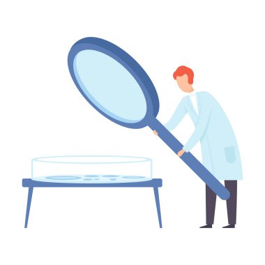 Bilim adamı dev bir luppa tutar. Vektör çizimi.