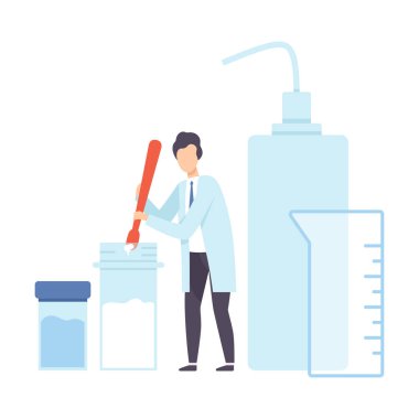 Büyük kırmızı kaşıklı kadın bilim adamı. Vektör çizimi.