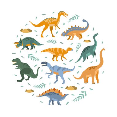 Yuvarlak Şekil Sevimli Dinozorlar Desen, Tarih Öncesi Hayvanlar Tasarım Element Vektör İllüstrasyon