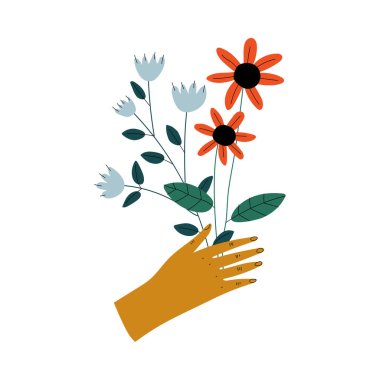 Kır Çiçek Kadın El Tutma Buket, Zarif Dekoratif Çiçek Tasarım Element Vektör İllüstrasyon