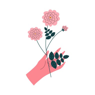 Kadın El Tutan Pembe Çiçek açan Çiçekler, Zarif Dekoratif Çiçek Tasarım ElementI Vektör İllüstrasyon