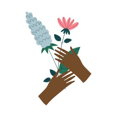 Kadın El Tutan Demet Çiçek, Zarif Dekoratif Çiçek Tasarım Element Ilıcalı Vektör İllüstrasyon