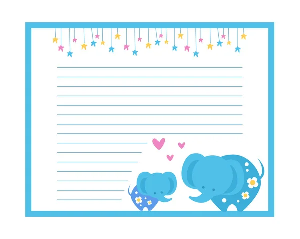 Cute Paper Page with Elephants, Lined Sheet, Notebook, Diary, School Notes, Workbook Design Element Vector Illustration — Stock Vector