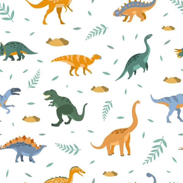 Niedliche Dinosaurier nahtlose Muster, prähistorische Tiere Design-Element kann für Stoffdruck, Tapete, Hintergrund-Vektor-Illustration verwendet werden — Stockvektor