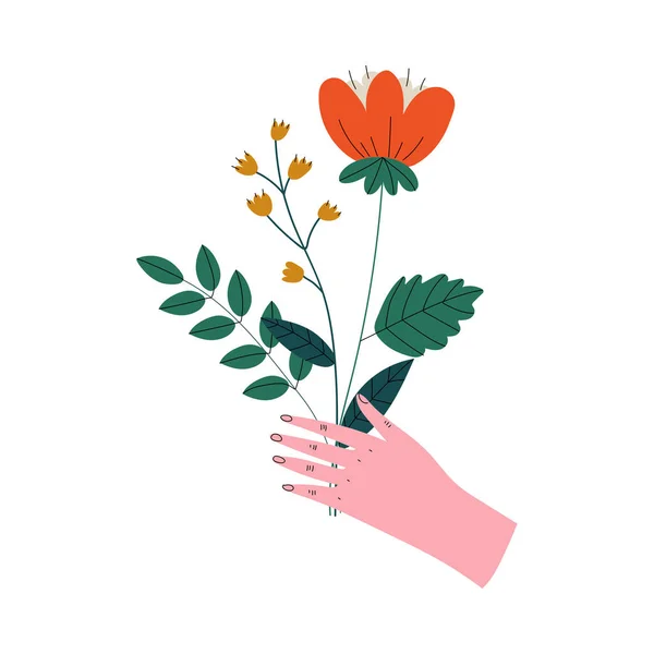 Ramo de mano femenina de flores hermosas silvestres, elemento de diseño floral decorativo elegante Vector Ilustración — Archivo Imágenes Vectoriales