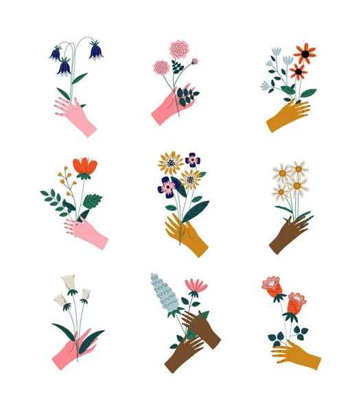 Collection of Female Hands Holding Bunches of Blooming Flowers, Elegant Decorative Floral Design Elements Vector Illustration — Stock Vector