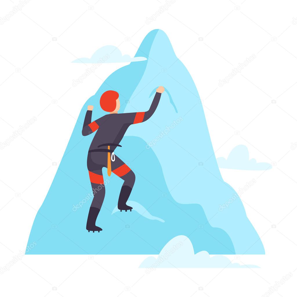 Man climbs snowy mountain vector illustration isolated on white background.