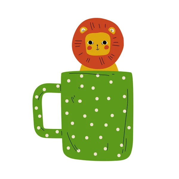 Cute Lion in Green Dotted Teacup, Adorable Little Cartoon Animal Character Sitting in Coffee Mug Vector Illustration — Stock Vector