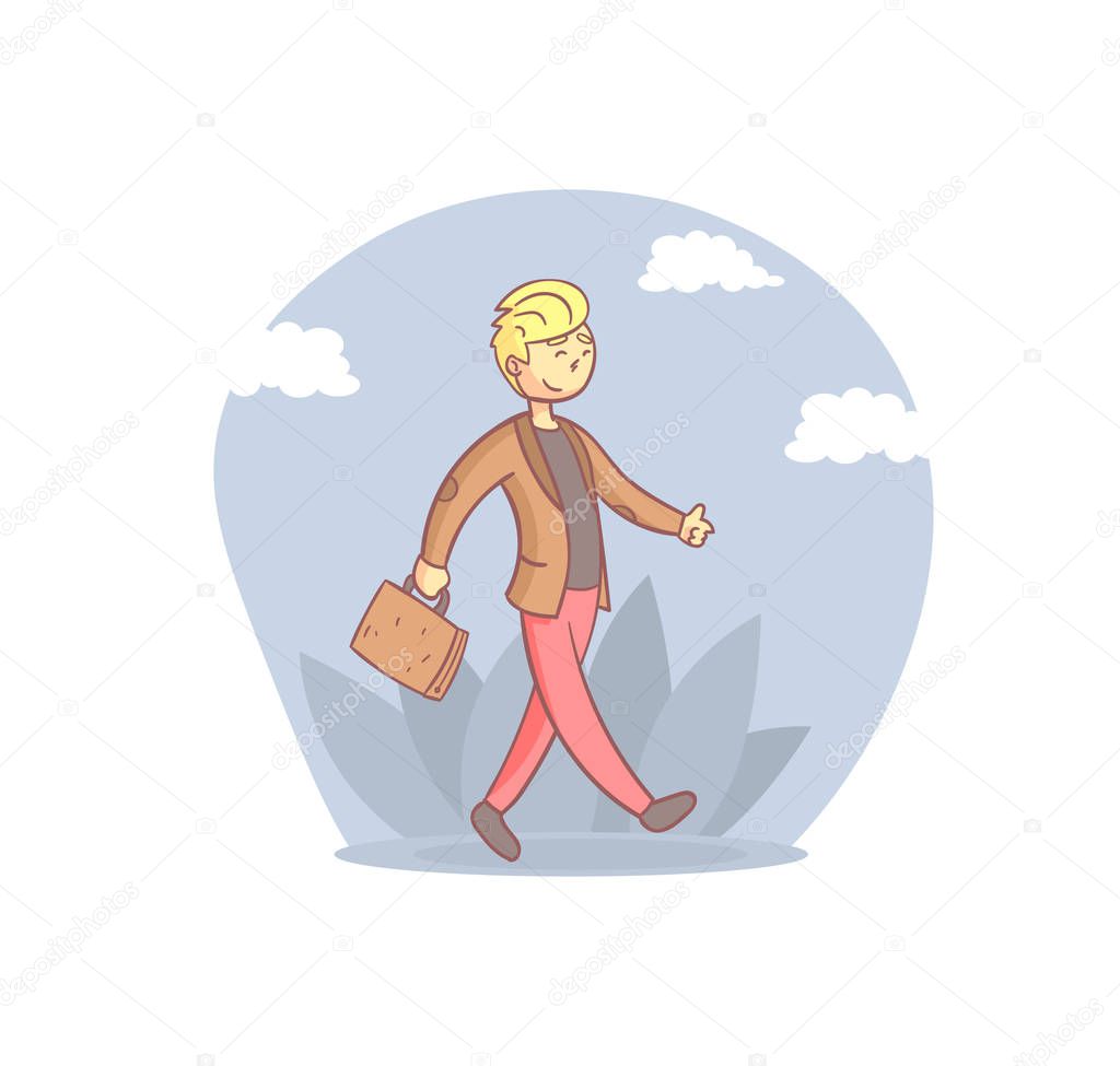 Cheerful Businessman Walking with Briefcase, Young Man Daily Activity Cartoon Vector Illustration