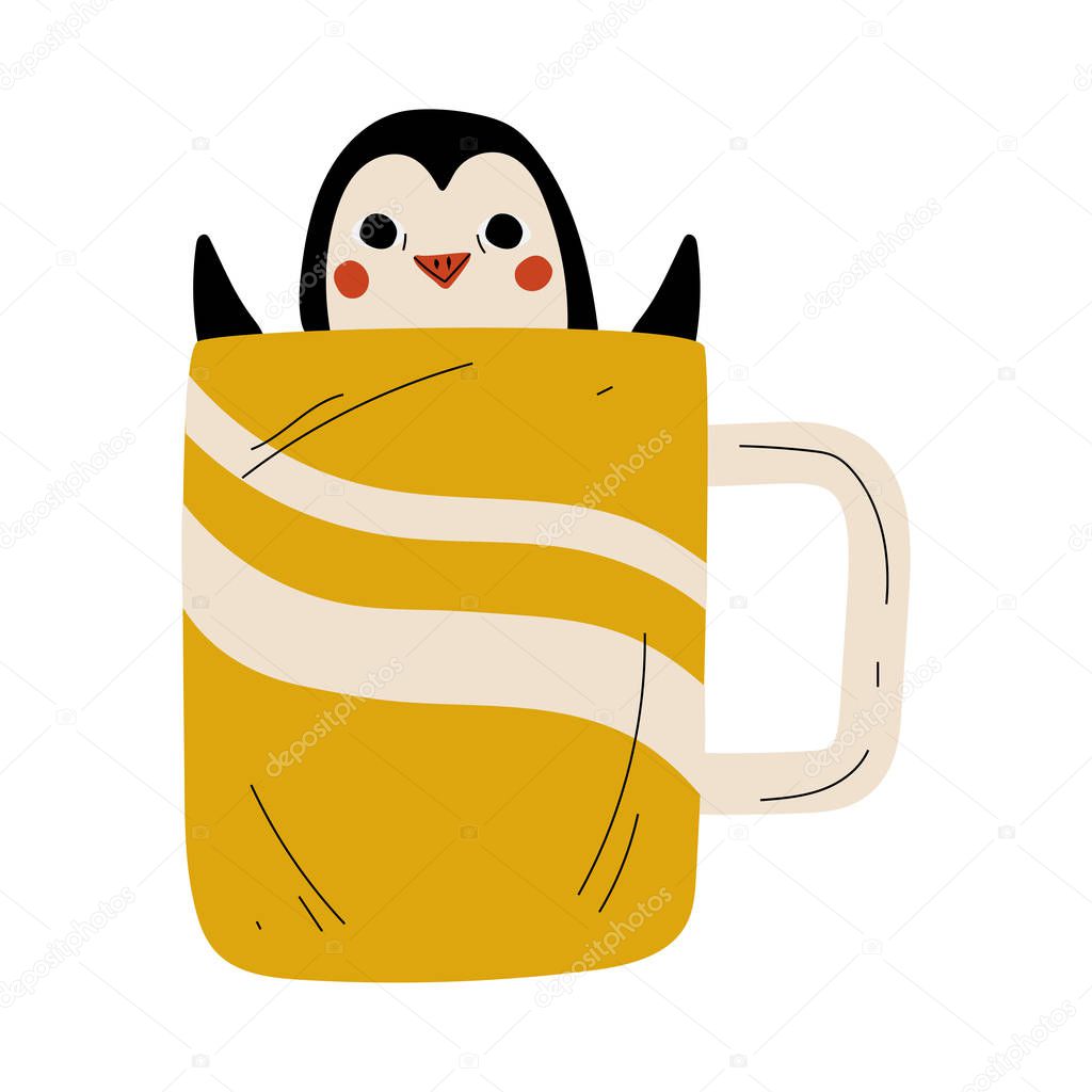 Cute Penguin in Yellow Teacup, Adorable Little Cartoon Animal Character Sitting in Coffee Mug Vector Illustration