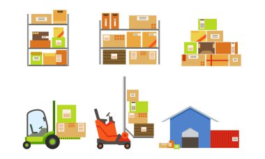 Depo Binası, Malları olan raflar, Forkliftler, Paletler Set Vektör İllüstrasyonu