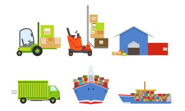 Depo, Ulaşım ve Teslimat Seti, Depo Binası, Forklift, Kamyon, Kargo Gemisi Vector Illustration