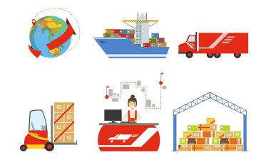 Depo, Kargo Taşımacılık, Lojistik ve Dağıtım Seti, Forklift, Kamyon, Gemi, Depo Binası Vektör İlülasyonu