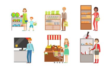 Süpermarket setinden alışveriş yapan insanlar, marketten alışveriş yapan erkekler ve kadınlar, oyuncaklar, bahçe eşyaları, elektronik eşyalar, meyveler ve sebzeler, alışveriş merkezi iç vektör ilüstrasyonları