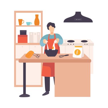 Modern bir mutfakta bir kasede yumurta kıran bir adam. Vektör illüstrasyonu.