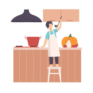 Çocuk sandalyede durur ve çorba kepçesini dener. Vektör illüstrasyonu.