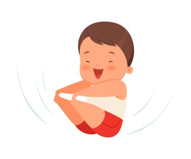 Çocuk oturuyor ve ata biniyor. Beyaz arkaplanda vektör illüstrasyonu.