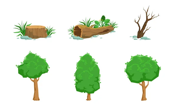 Nature Landscape Elements Set, Green and Dead Trees Vector Illustration — Stock Vector