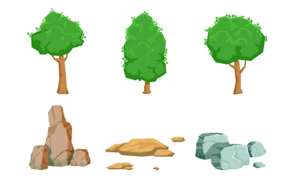 Příroda sada prvků na šířku, letní stromy a vektorové kameny ilustrace — Stockový vektor